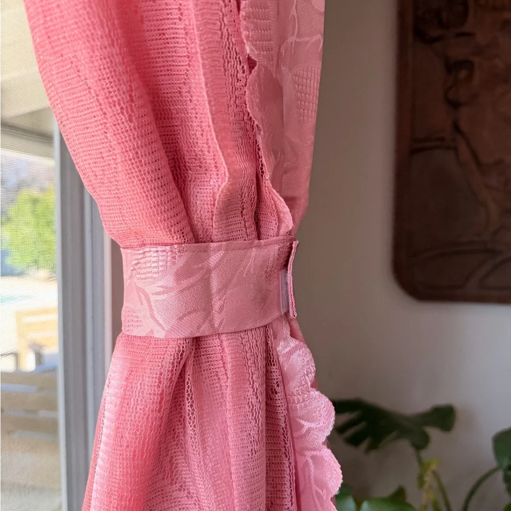 Vintage Pink Sheer Curtains Floral Lace Set Cottagecore
